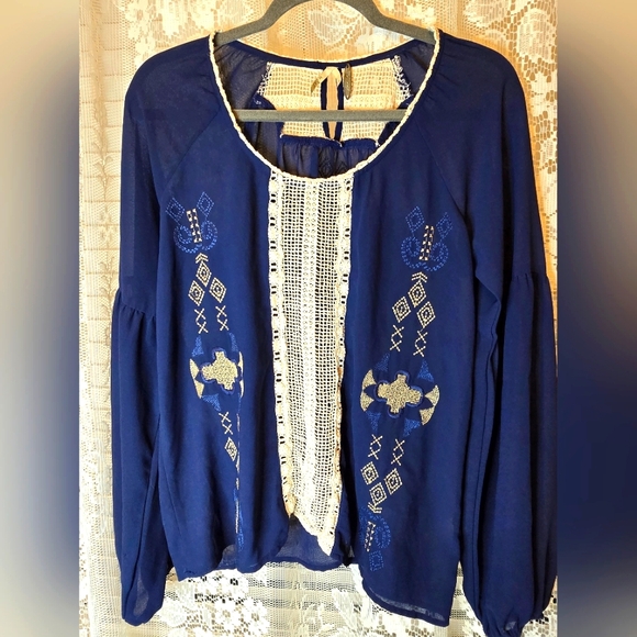 Gimmicks By BKE Blue Sheer Blouse with Embroidery, Long Sleeve Womens Medium - Picture 1 of 8